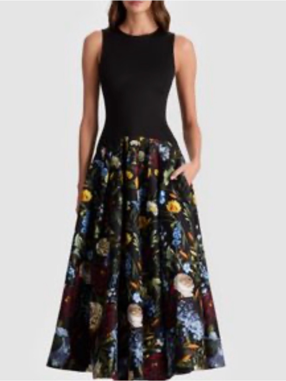 Aidan by Aidan Mattox Black Halter Bodice with Floral Full Skirt. 064 Hanger